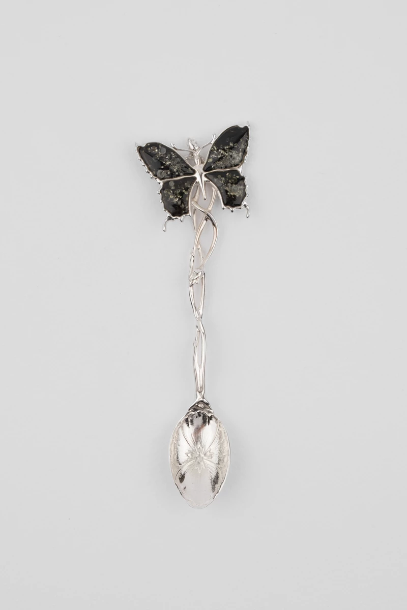 Lingurita argint, chihlimbar verde, model fluture-AA1002V