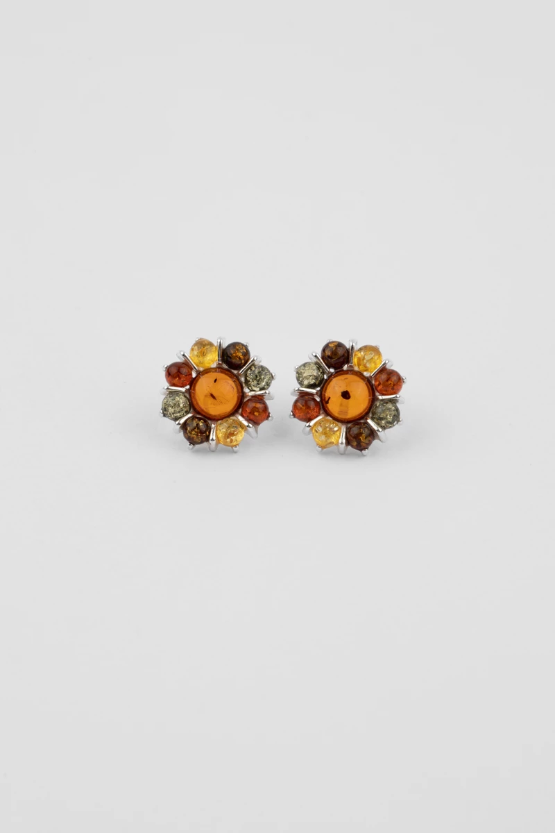 Earrings silver, amber multicolor, daisy pattern-AA1006MC
