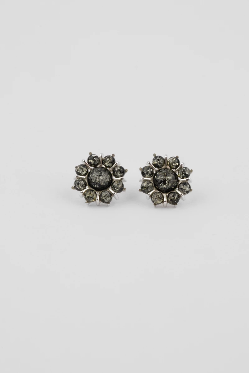 Silver earrings, green amber, daisy model-AA1006V