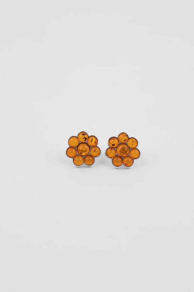 Cercei argint, chihlimbar coniac, model floare-AA1014K