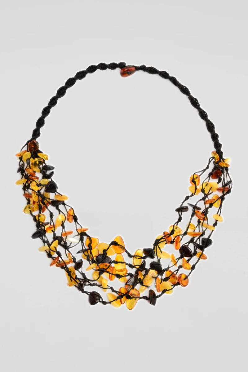 Multicolored amber necklace, black cord, hand made-ATI1014